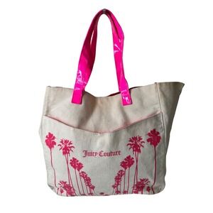 Juicy Couture Canvas Beach Tote Bag Pink Palm Trees Shiny Straps Large